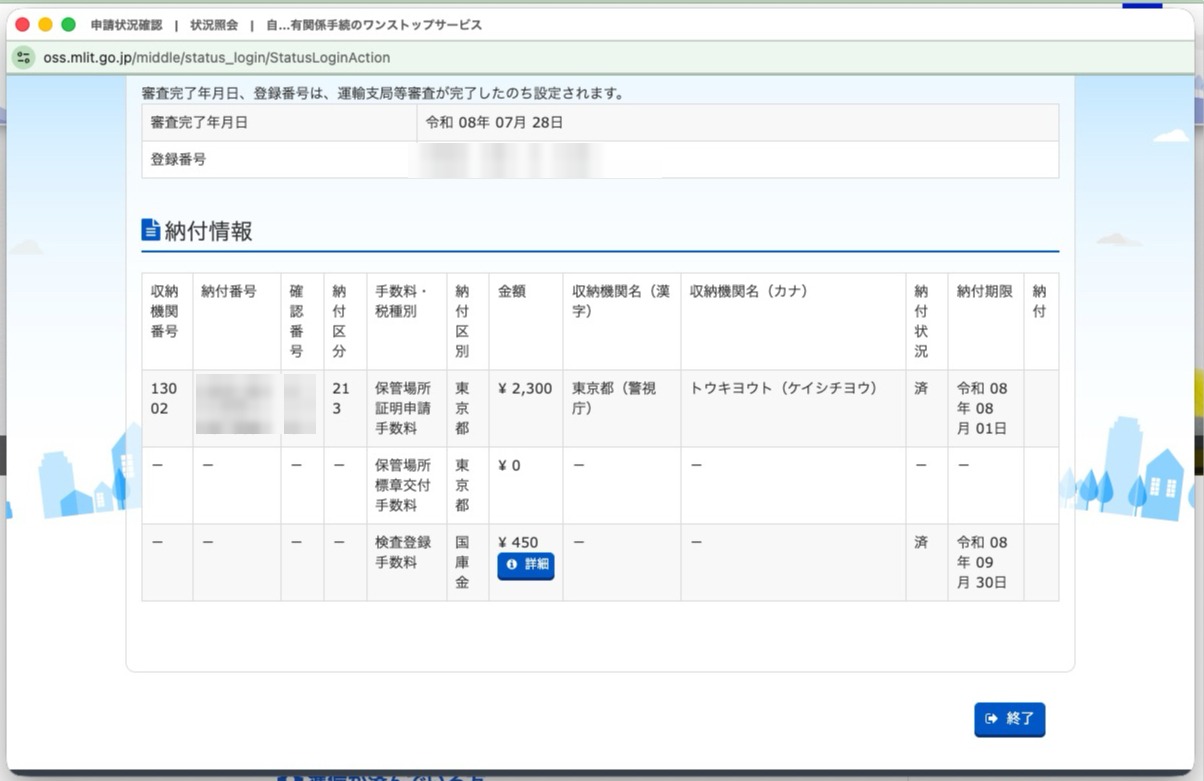 OSS（自動車保有関係手続のワンストップサービス）の納付情報画面。保管場所証明申請手数料2300円、保管場所標章交付手数料0円、検査登録手数料450円がクレジットカードで決済されている
