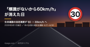 センターラインのない生活道路と30km/hの速度標識を描いたアイキャッチ画像